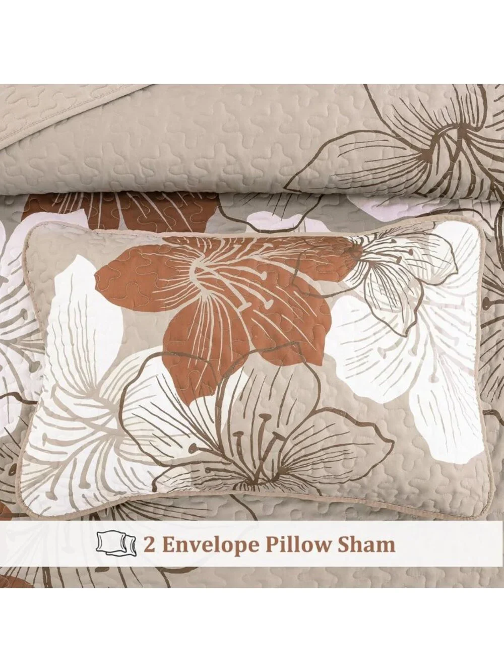 Cozy Taupe Floral King Size Quilt Set - 3 Piece Bedspread Coverlet for Fall